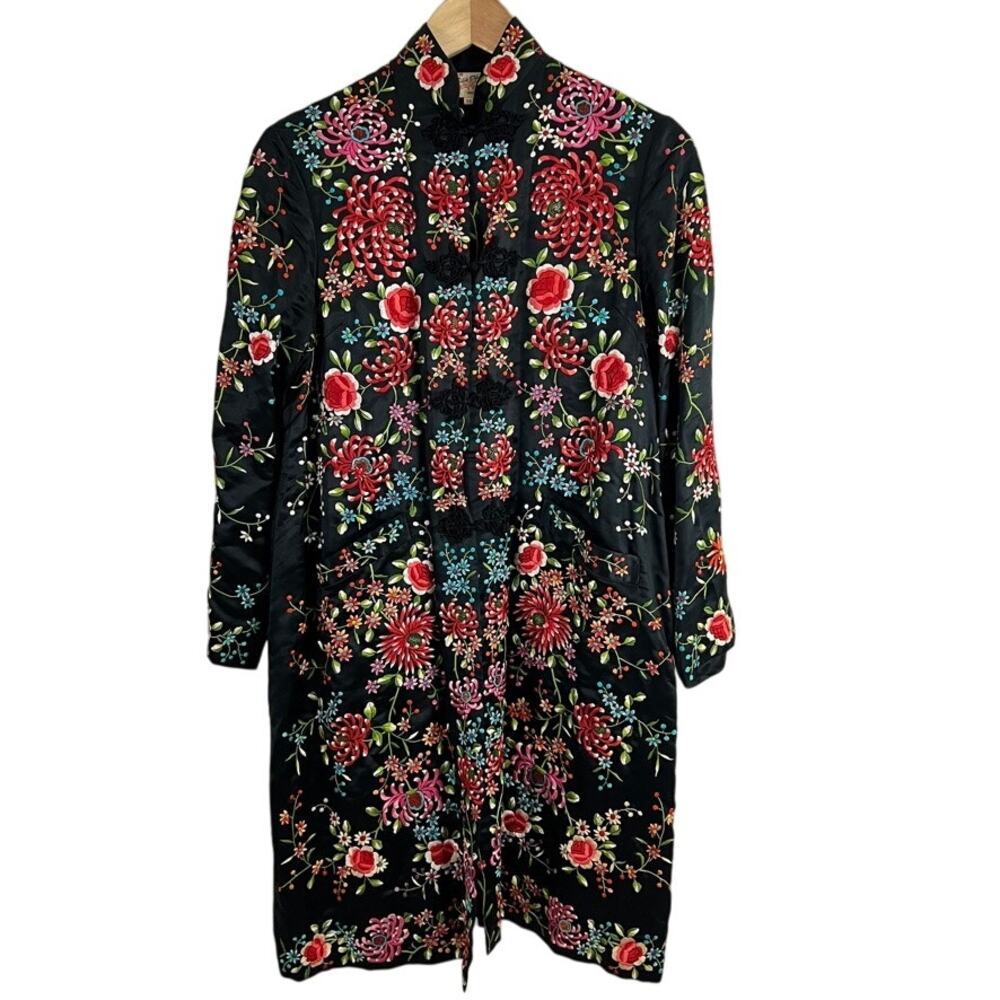 Plum Blossoms Vintage Embroidered Floral Chinese Long Jacket Sz 34